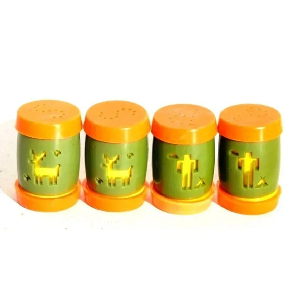 4 Vintage Salt & Pepper Shakers Plastic Green & Orange St Labre Indian School - Picture 1 of 2